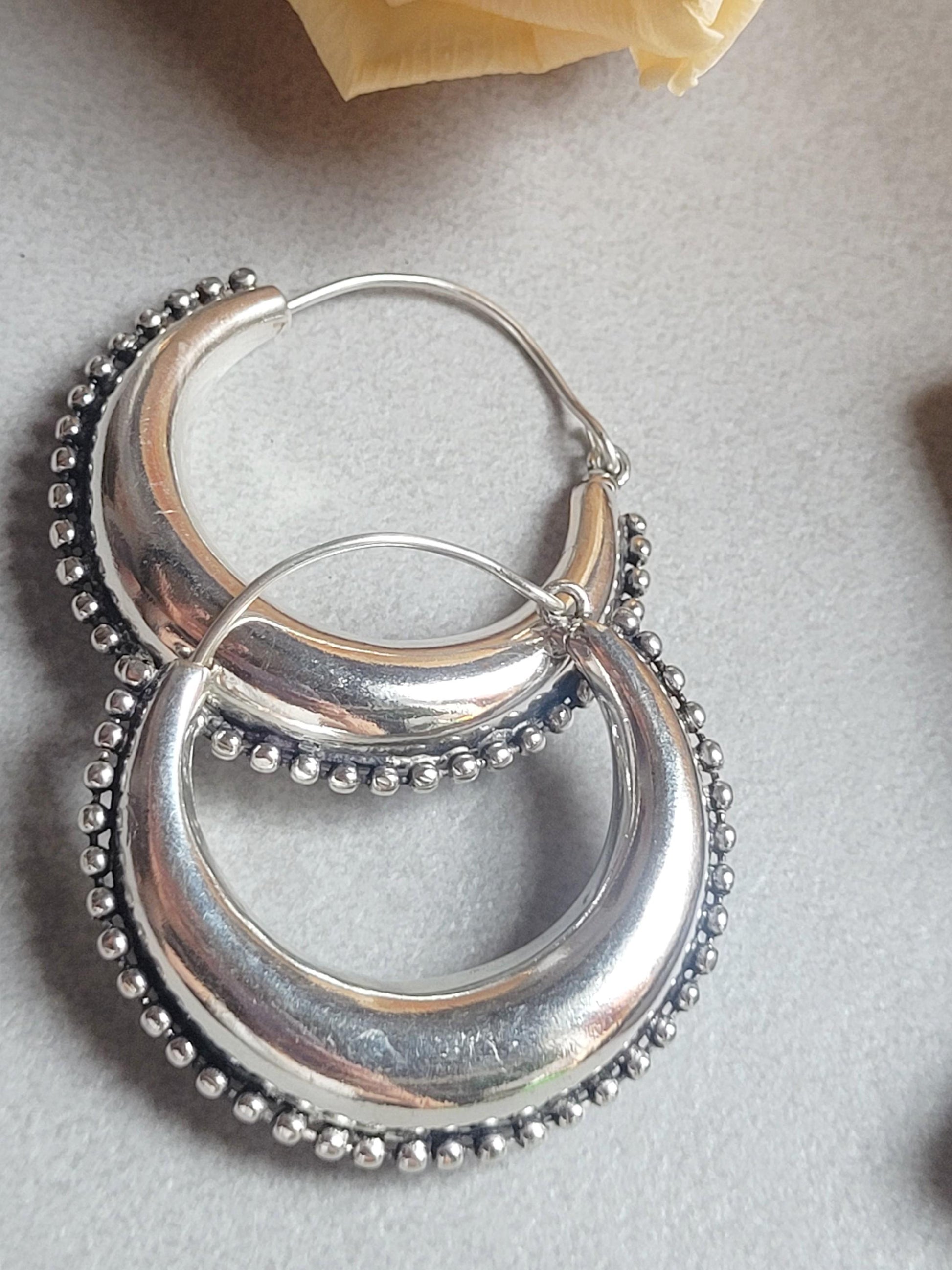 Large Silver Plated Hoop Earrings 4.5cm | Boho Statement Hoops | Beaded Edge Silver Earrings | Everyday Jewellery