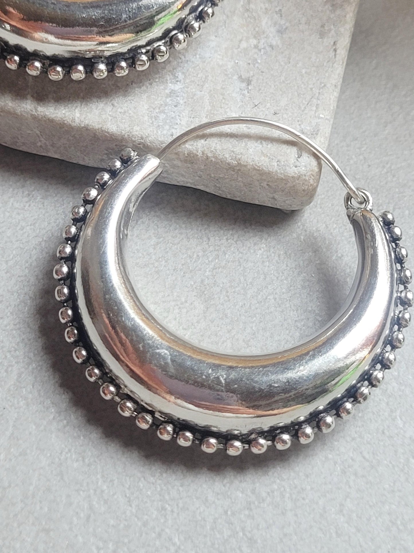 Large Silver Plated Hoop Earrings 4.5cm | Boho Statement Hoops | Beaded Edge Silver Earrings | Everyday Jewellery