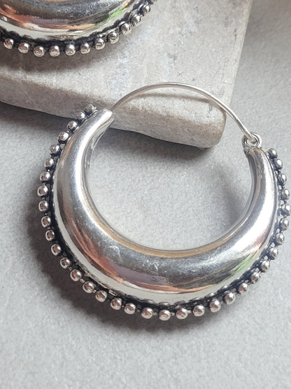 Large Silver Plated Hoop Earrings 4.5cm | Boho Statement Hoops | Beaded Edge Silver Earrings | Everyday Jewellery