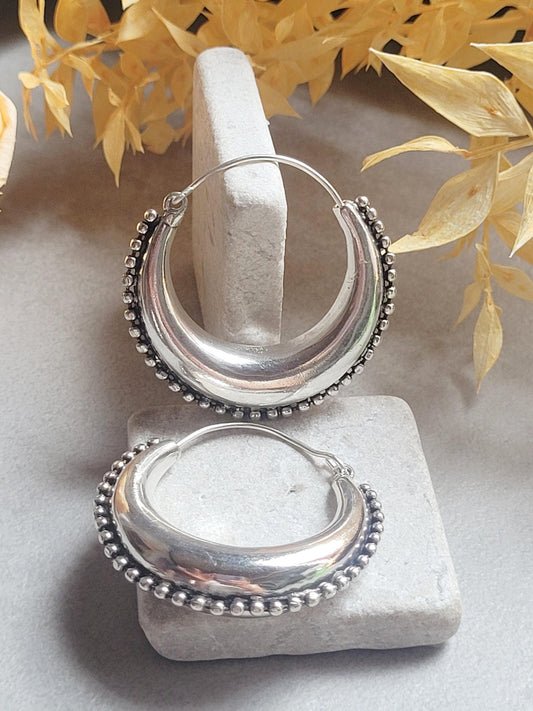 Large Silver Plated Hoop Earrings 4.5cm | Boho Statement Hoops | Beaded Edge Silver Earrings | Everyday Jewellery