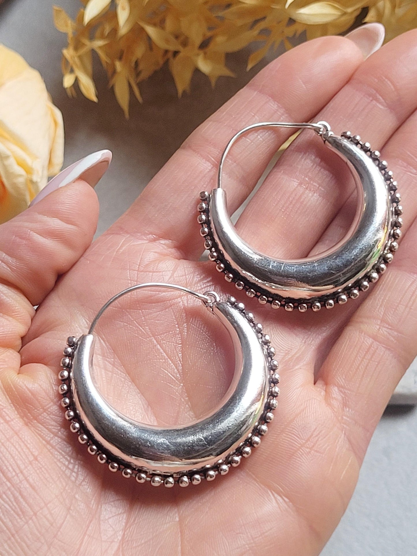 Large Silver Plated Hoop Earrings 4.5cm | Boho Statement Hoops | Beaded Edge Silver Earrings | Everyday Jewellery