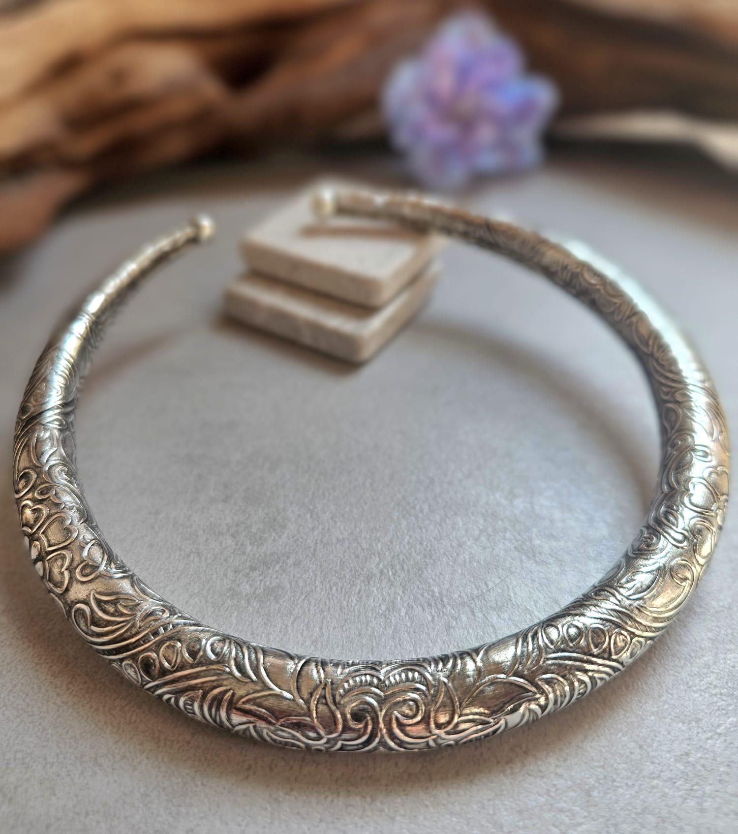 Silver Plated Floral Choker Necklace | Vintage Inspired Engraved Collar Necklace | Boho Statement Jewellery