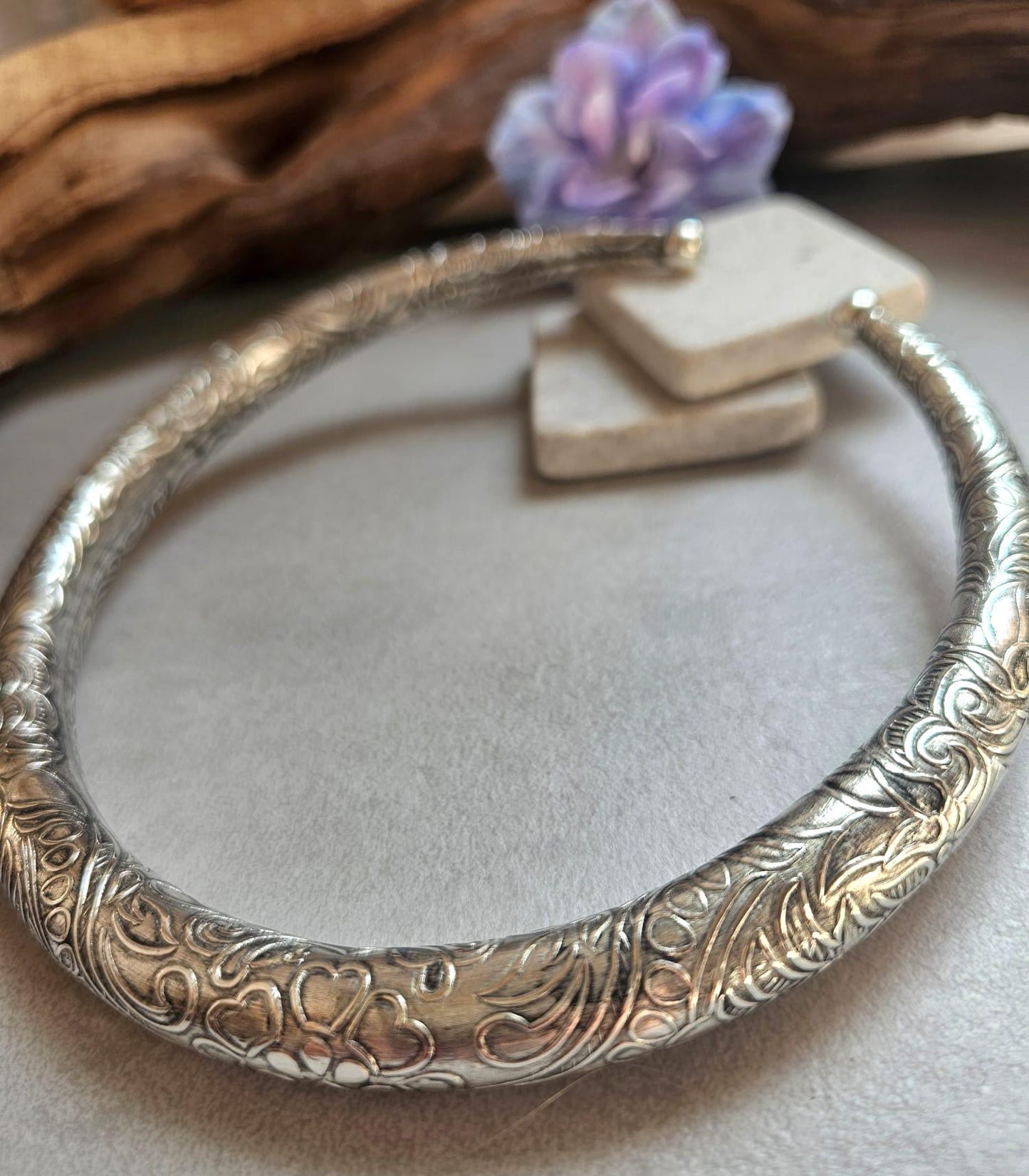 Silver Plated Floral Choker Necklace | Vintage Inspired Engraved Collar Necklace | Boho Statement Jewellery