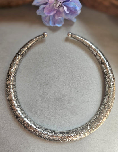 Silver Plated Floral Choker Necklace | Vintage Inspired Engraved Collar Necklace | Boho Statement Jewellery