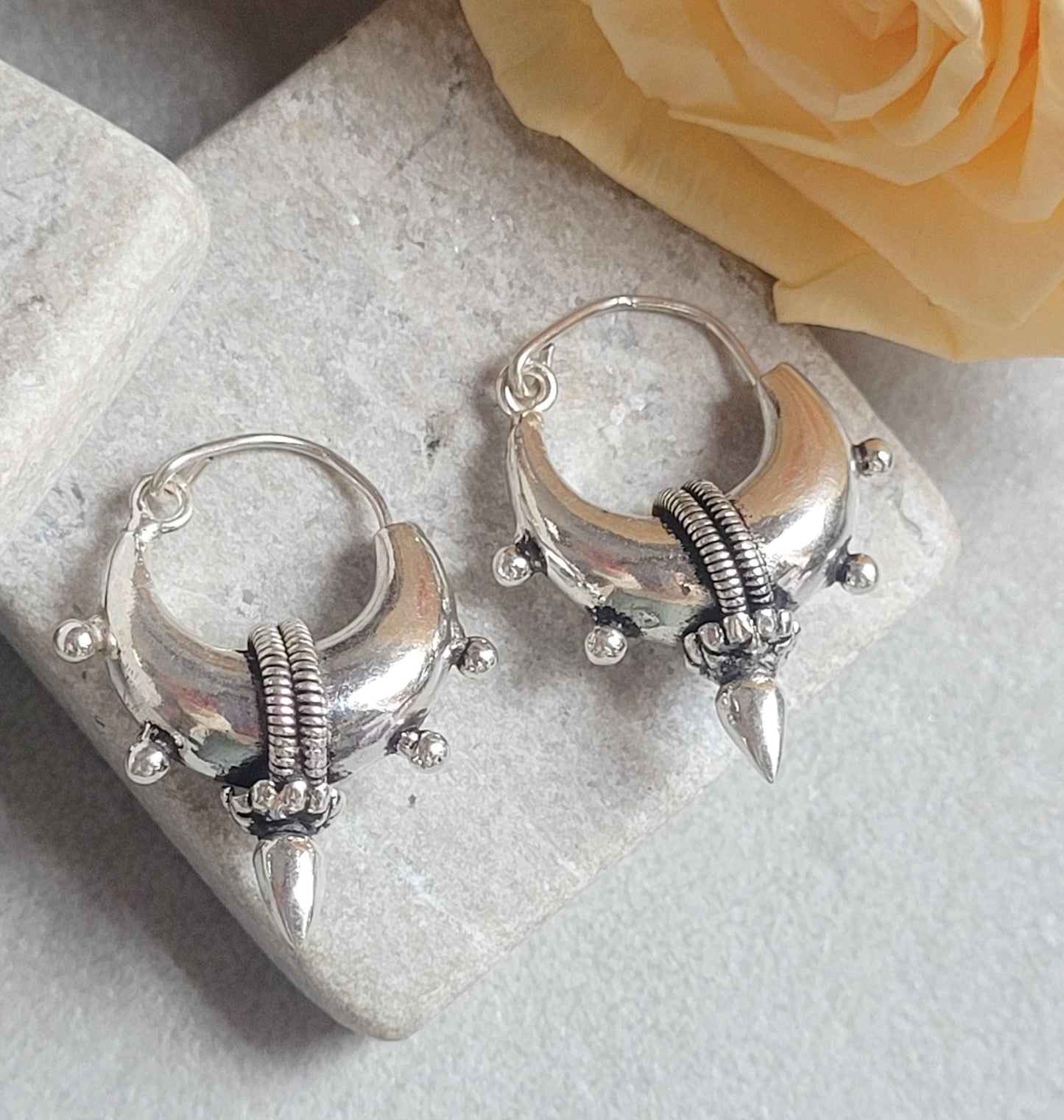 Silver Plated Tribal Hoop Earrings | Unique Statement Hoops | Boho Festival Earrings | 2.5cm Hoops