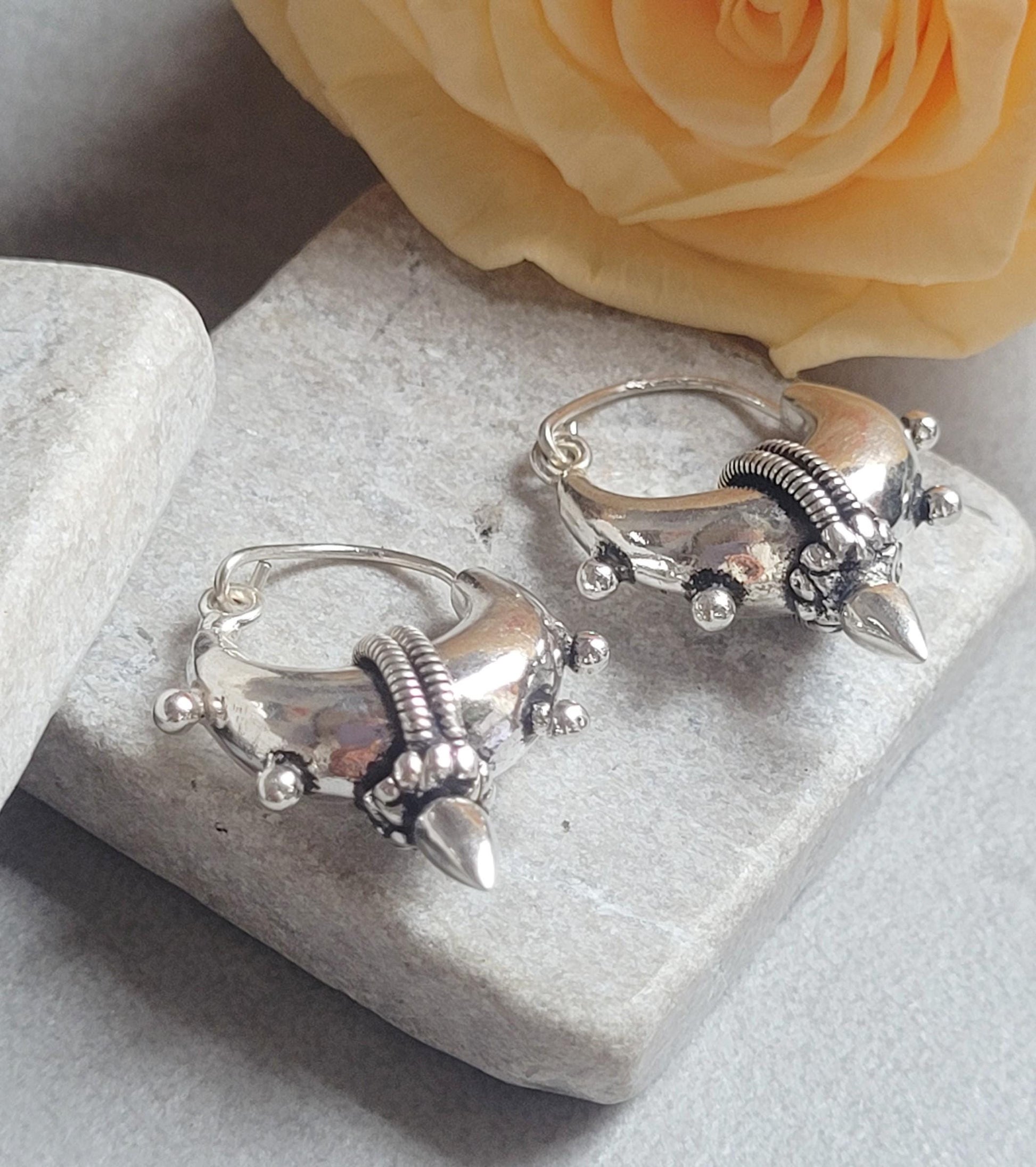 Silver Plated Tribal Hoop Earrings | Unique Statement Hoops | Boho Festival Earrings | 2.5cm Hoops
