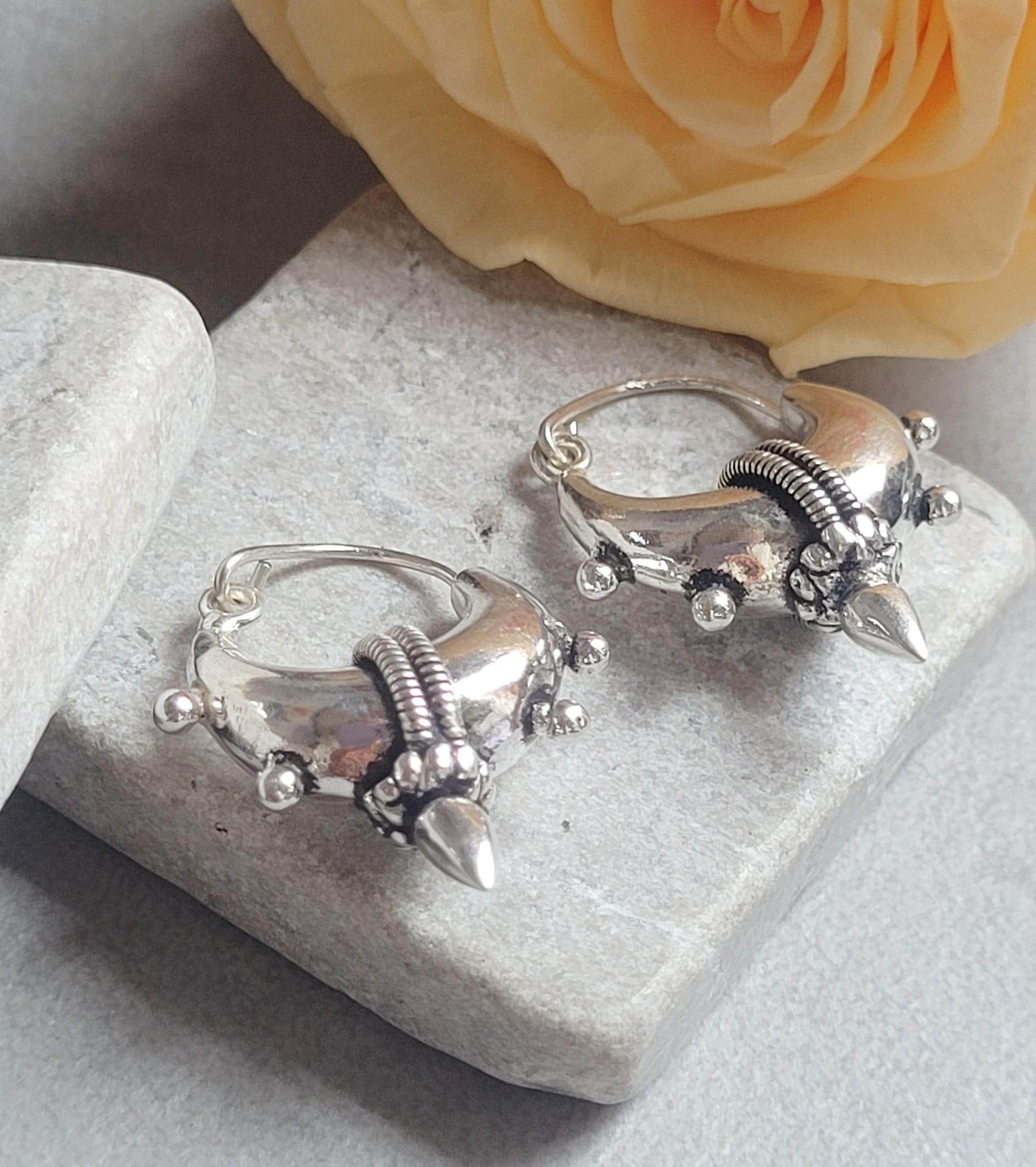 Silver Plated Detailed Hoop Earrings | Boho Tribal Hoop Earrings | Statement Festival Earrings | Unique Artisan Style Hoops | 3cm
