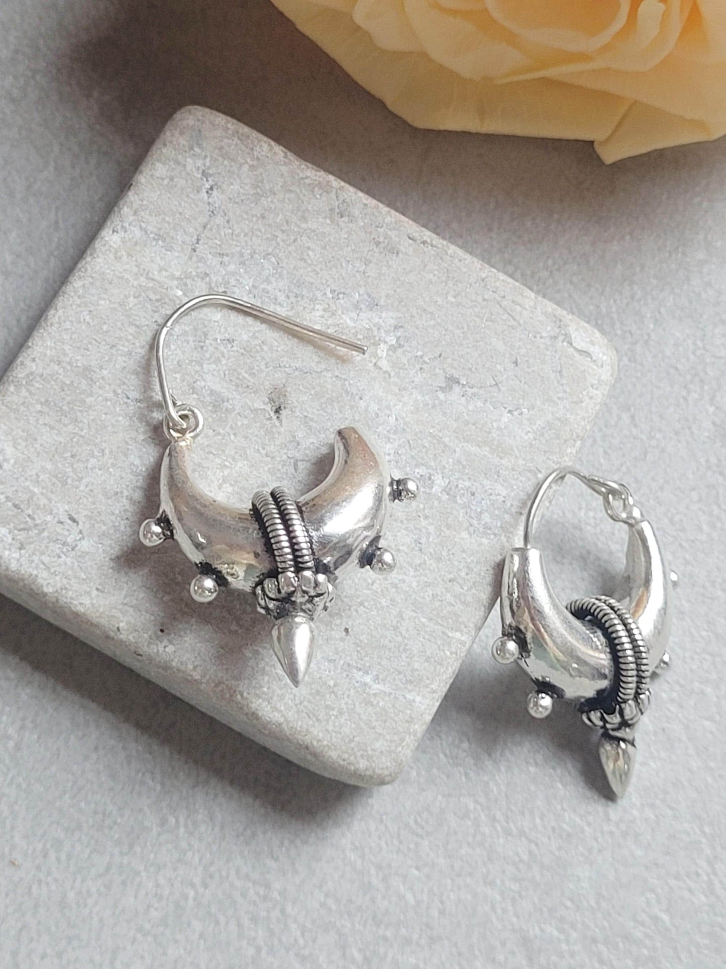 Silver Plated Detailed Hoop Earrings | Boho Tribal Hoop Earrings | Statement Festival Earrings | Unique Artisan Style Hoops | 3cm