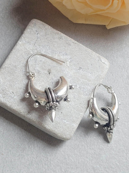 Silver Plated Detailed Hoop Earrings | Boho Tribal Hoop Earrings | Statement Festival Earrings | Unique Artisan Style Hoops | 3cm