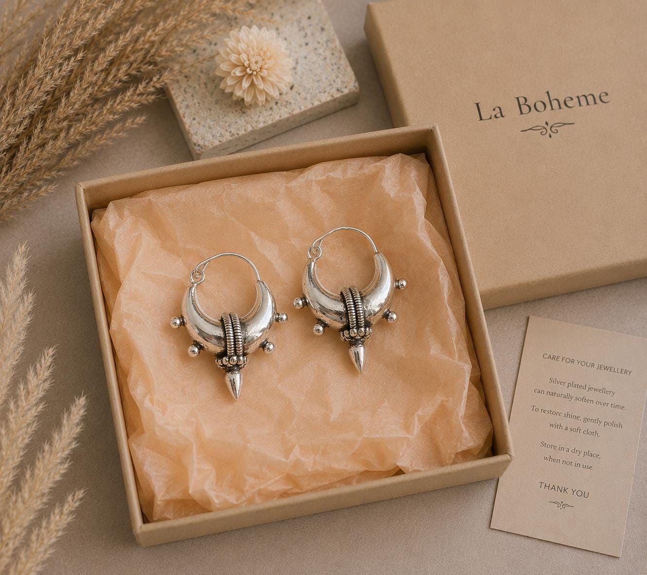Silver Plated Tribal Hoop Earrings | Unique Statement Hoops | Boho Festival Earrings | 2.5cm Hoops
