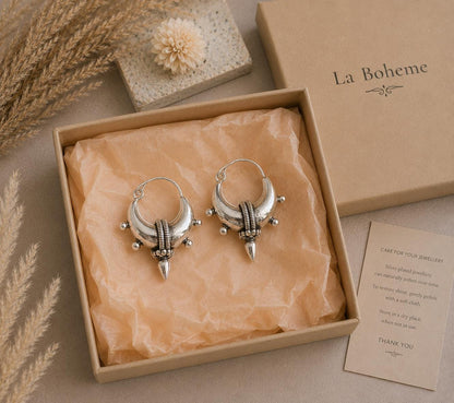 Silver Plated Tribal Hoop Earrings | Unique Statement Hoops | Boho Festival Earrings | 2.5cm Hoops