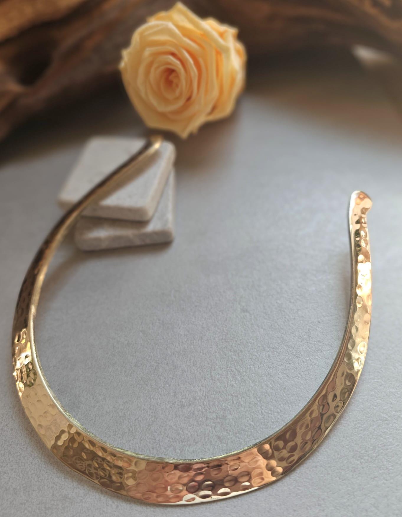 Hammered Brass Effect Choker Necklace | Gold Tone Open Collar | Boho Minimalist Jewellery