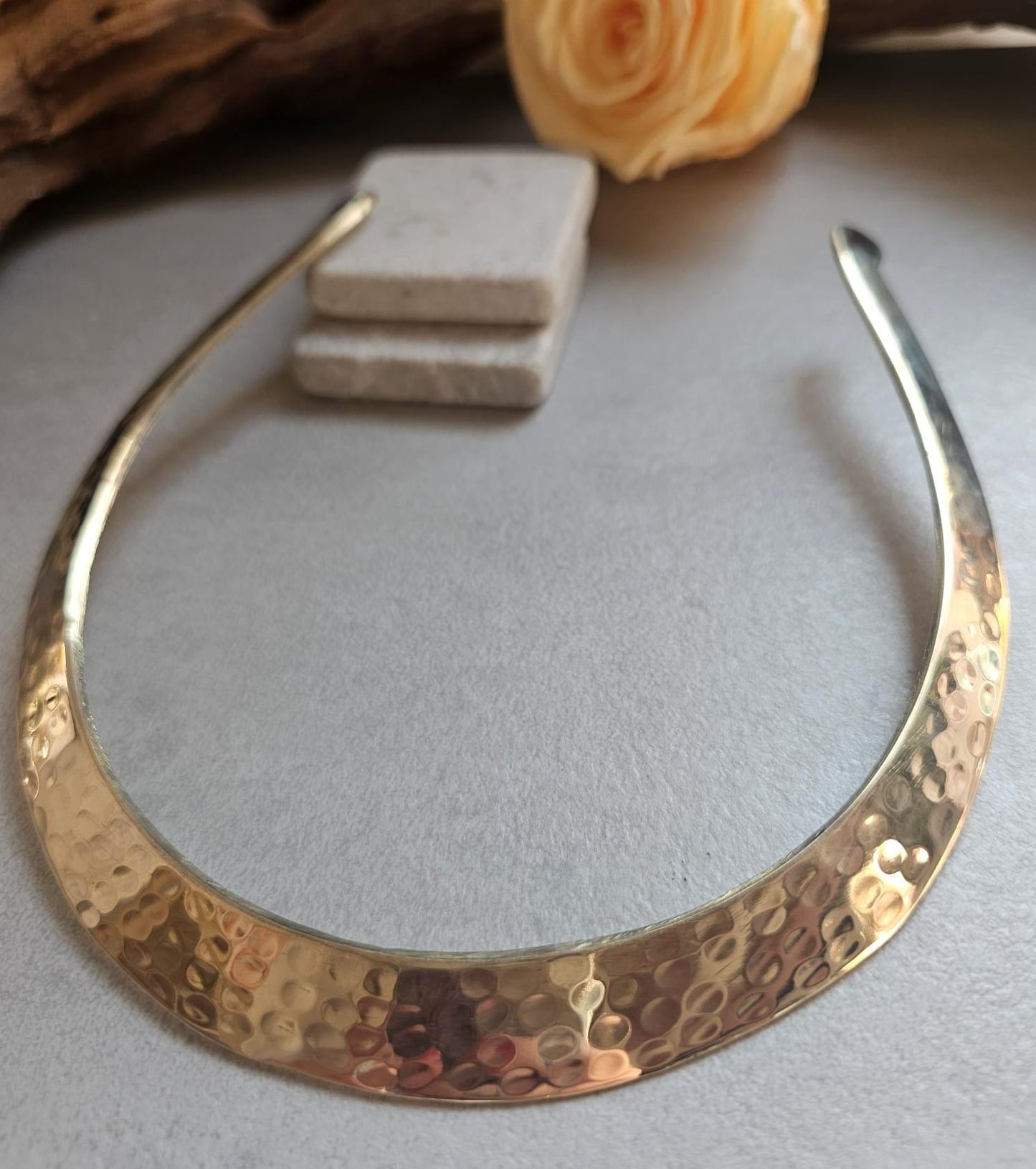 Hammered Brass Effect Choker Necklace | Gold Tone Open Collar | Boho Minimalist Jewellery