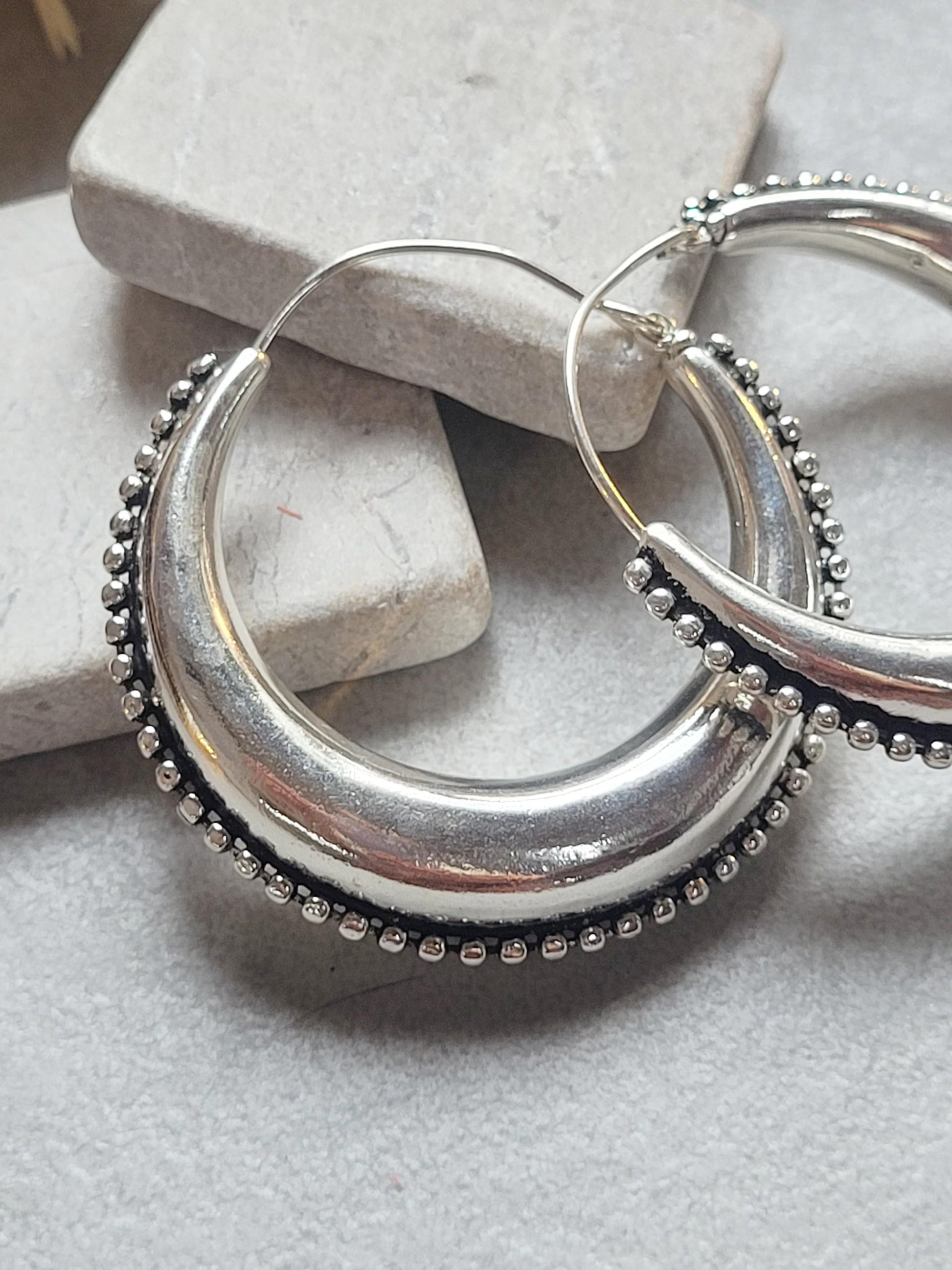 Large Silver Plated Hoop Earrings 4.5cm | Boho Statement Hoops | Beaded Edge Silver Earrings | Everyday Jewellery