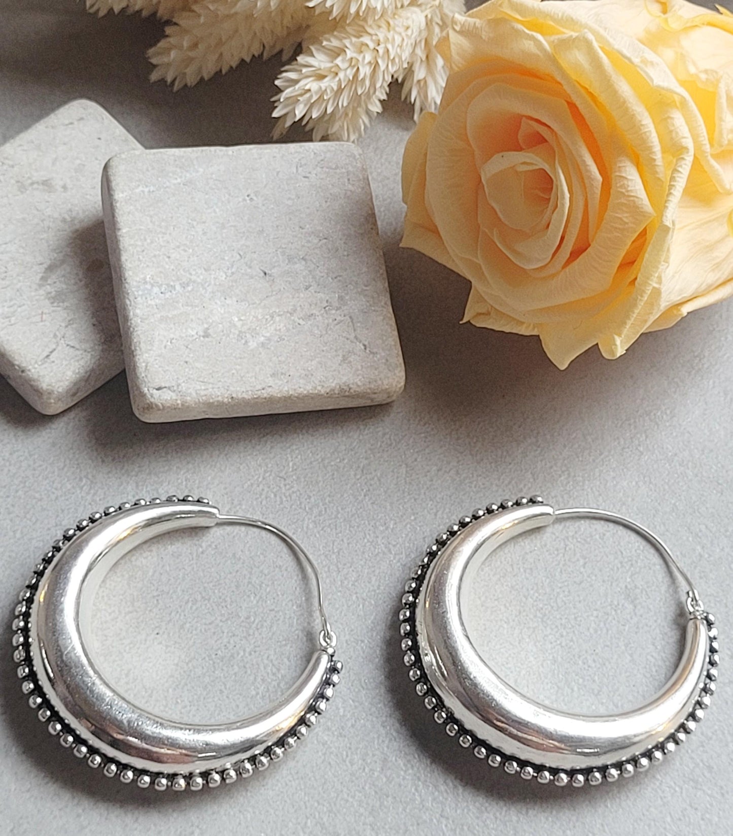 Large Silver Plated Hoop Earrings 4.5cm | Boho Statement Hoops | Beaded Edge Silver Earrings | Everyday Jewellery