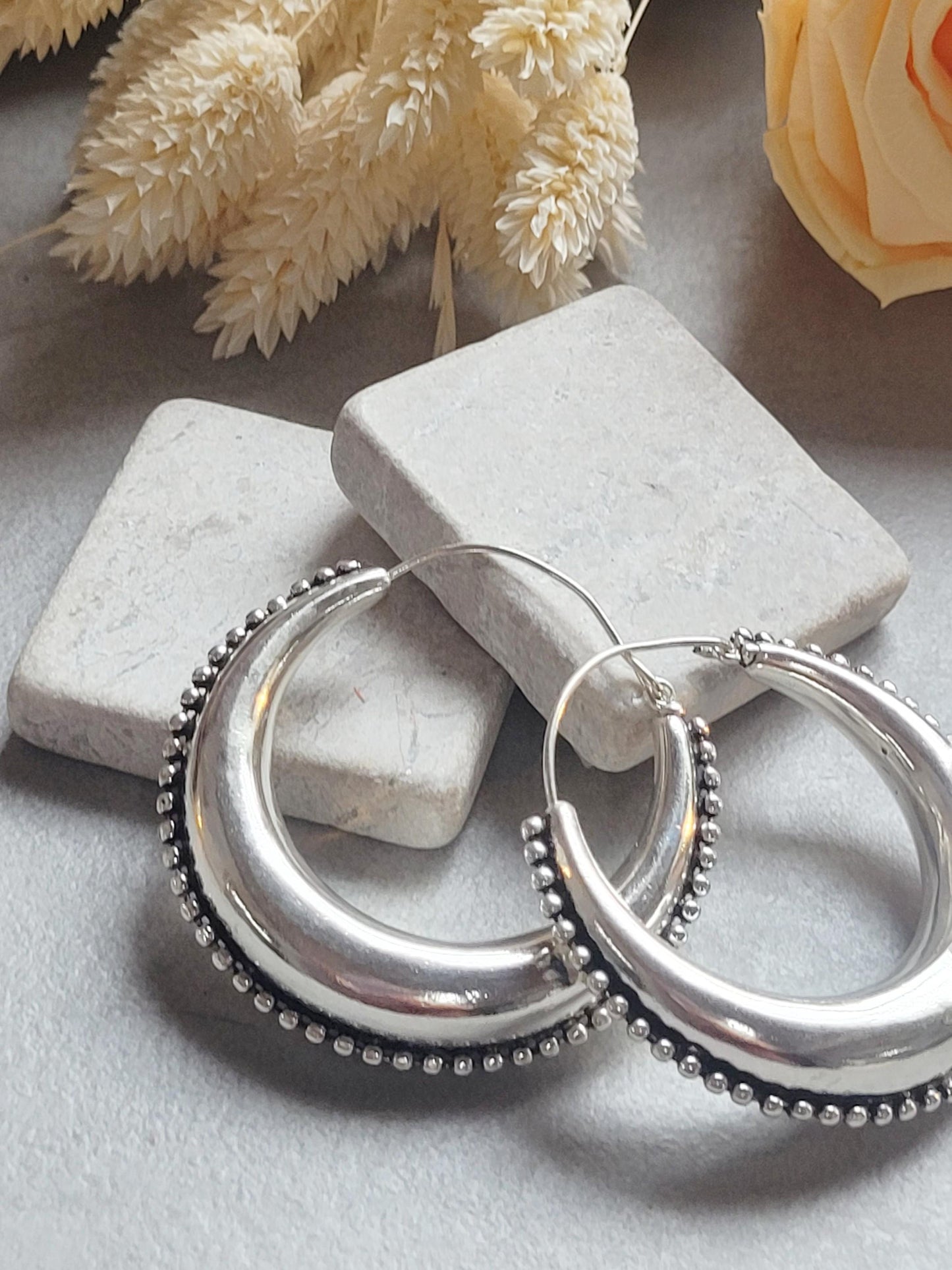 Large Silver Plated Hoop Earrings 4.5cm | Boho Statement Hoops | Beaded Edge Silver Earrings | Everyday Jewellery