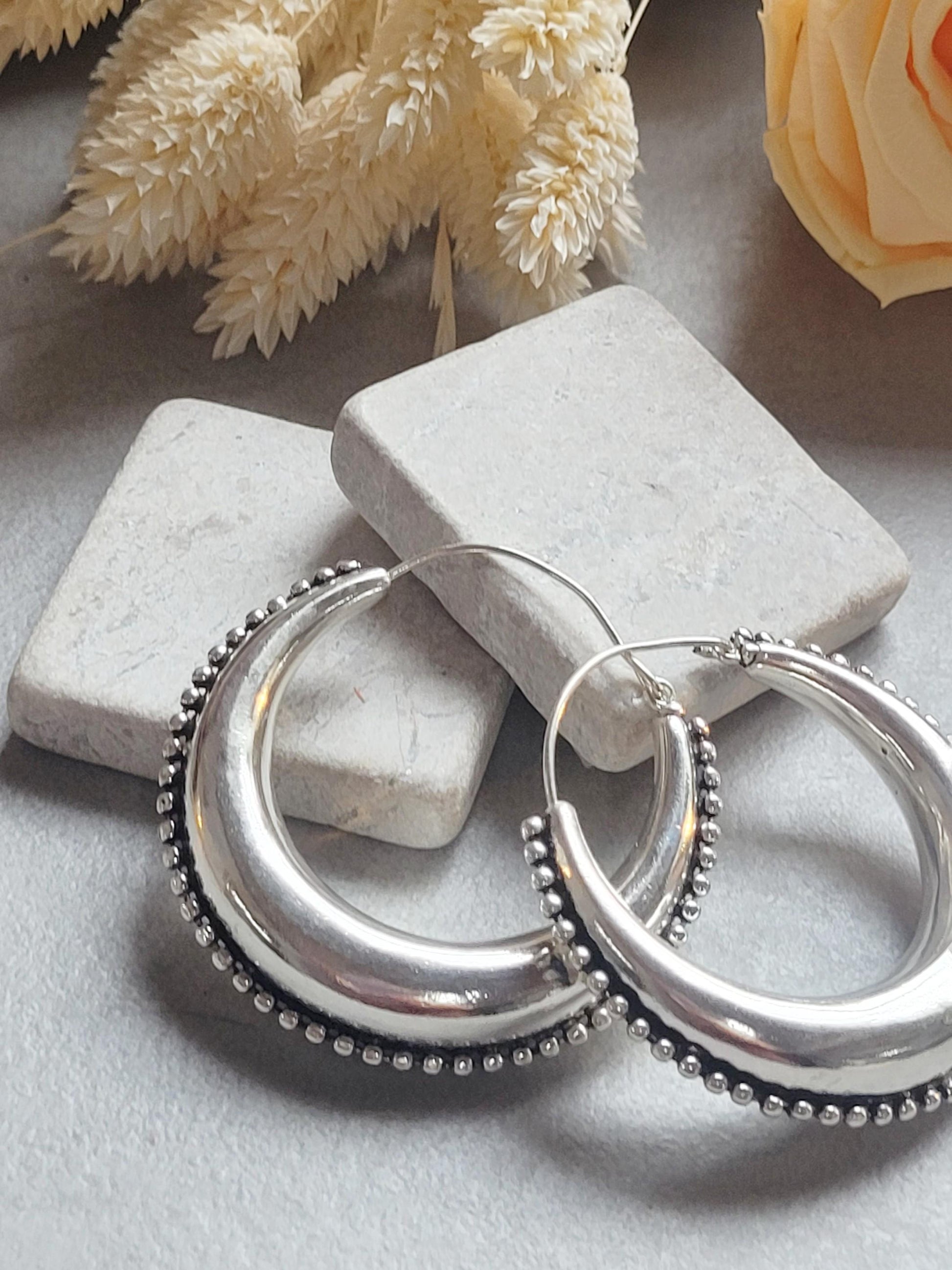 Large Silver Plated Hoop Earrings 4.5cm | Boho Statement Hoops | Beaded Edge Silver Earrings | Everyday Jewellery