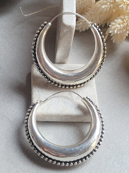 Large Silver Plated Hoop Earrings 4.5cm | Boho Statement Hoops | Beaded Edge Silver Earrings | Everyday Jewellery