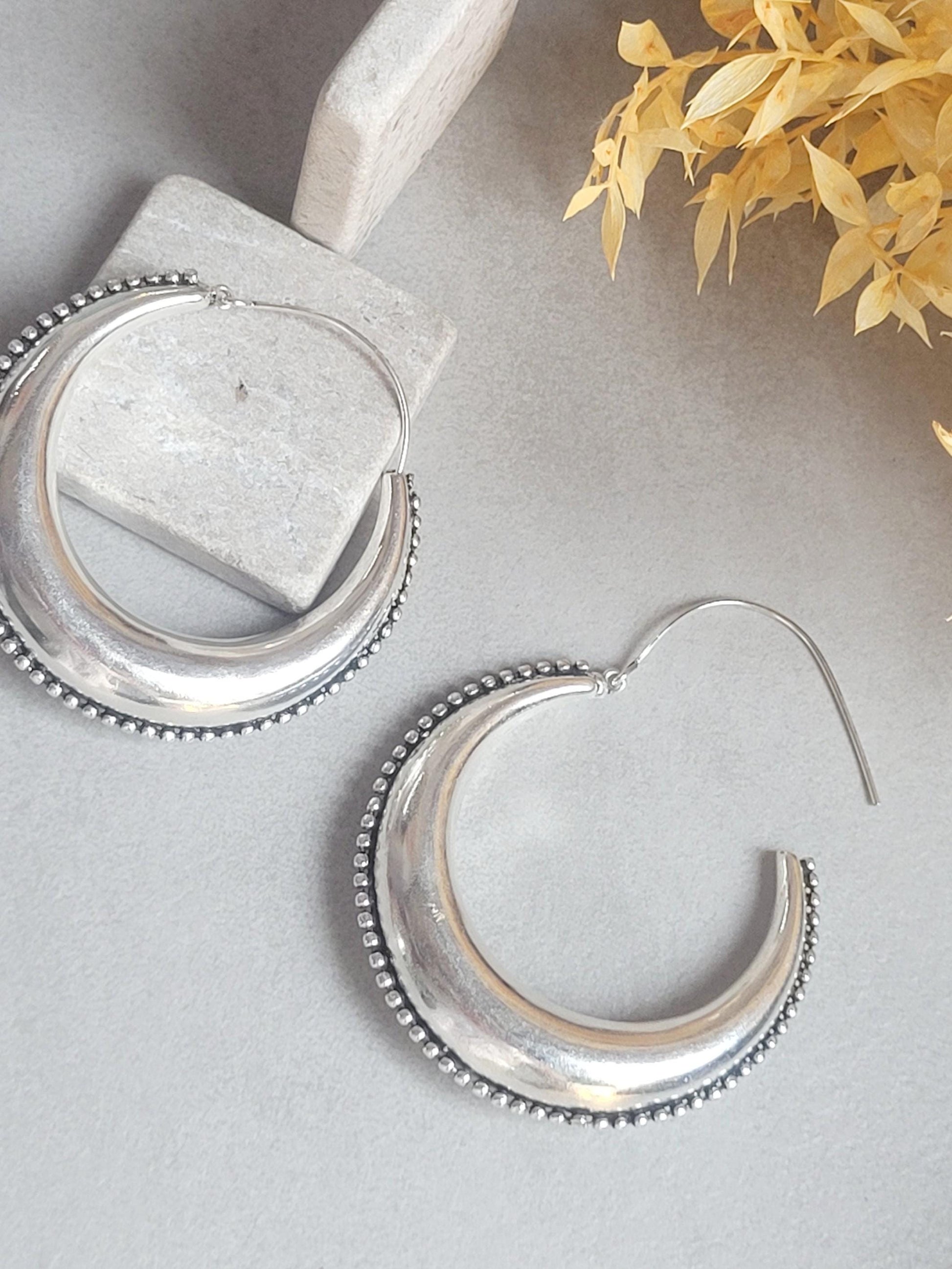 Extra Large Silver Plated Hoop Earrings 6.5cm | Oversized Boho Hoops | Textured Beaded Edge | Bold Statement Silver Jewellery
