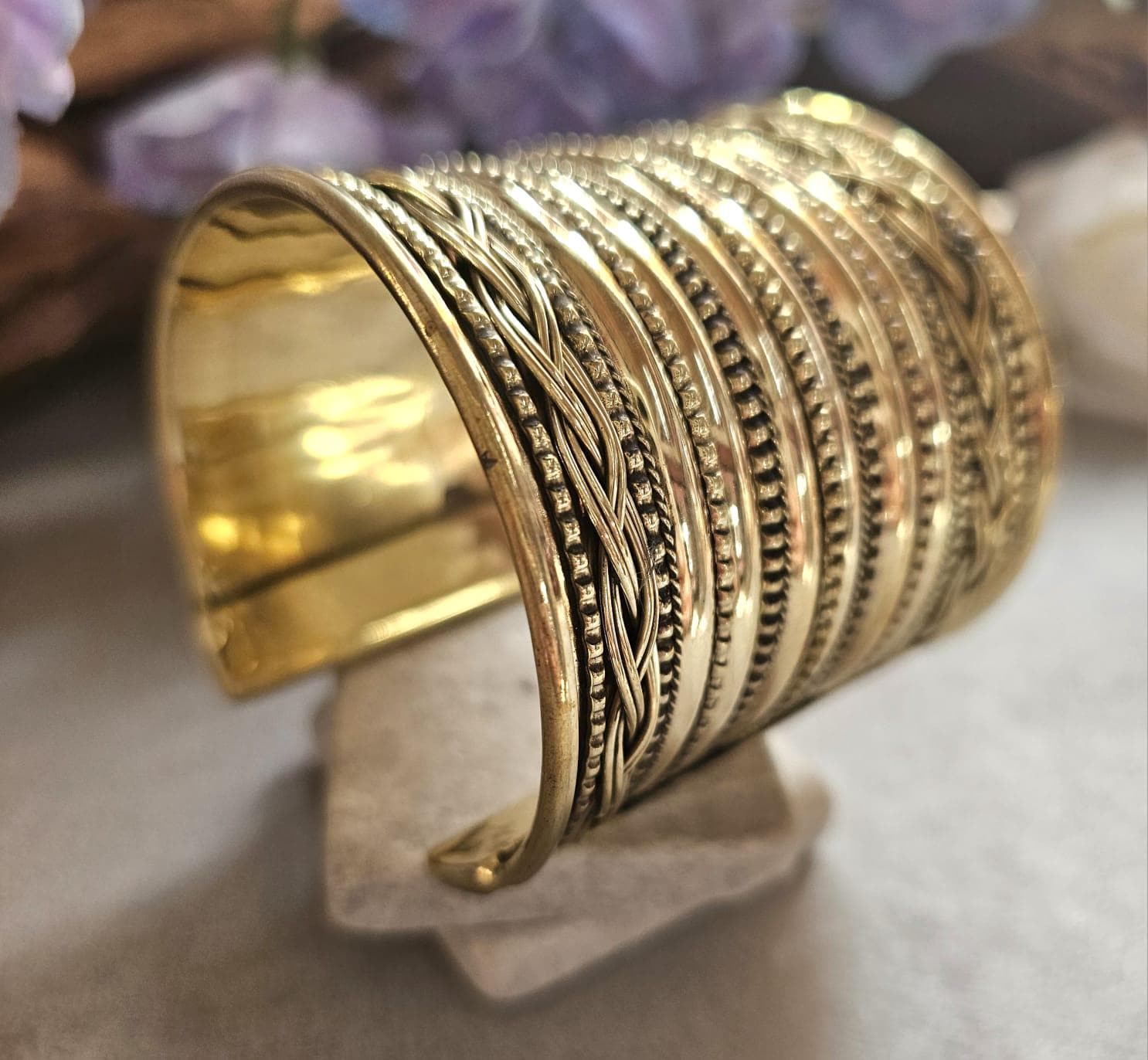 Wide Brass Statement Cuff Bracelet | Tribal Style Open Bangle | Boho Layered Brass Cuff | Bold Festival Jewellery | Adjustable Wrist Cuff