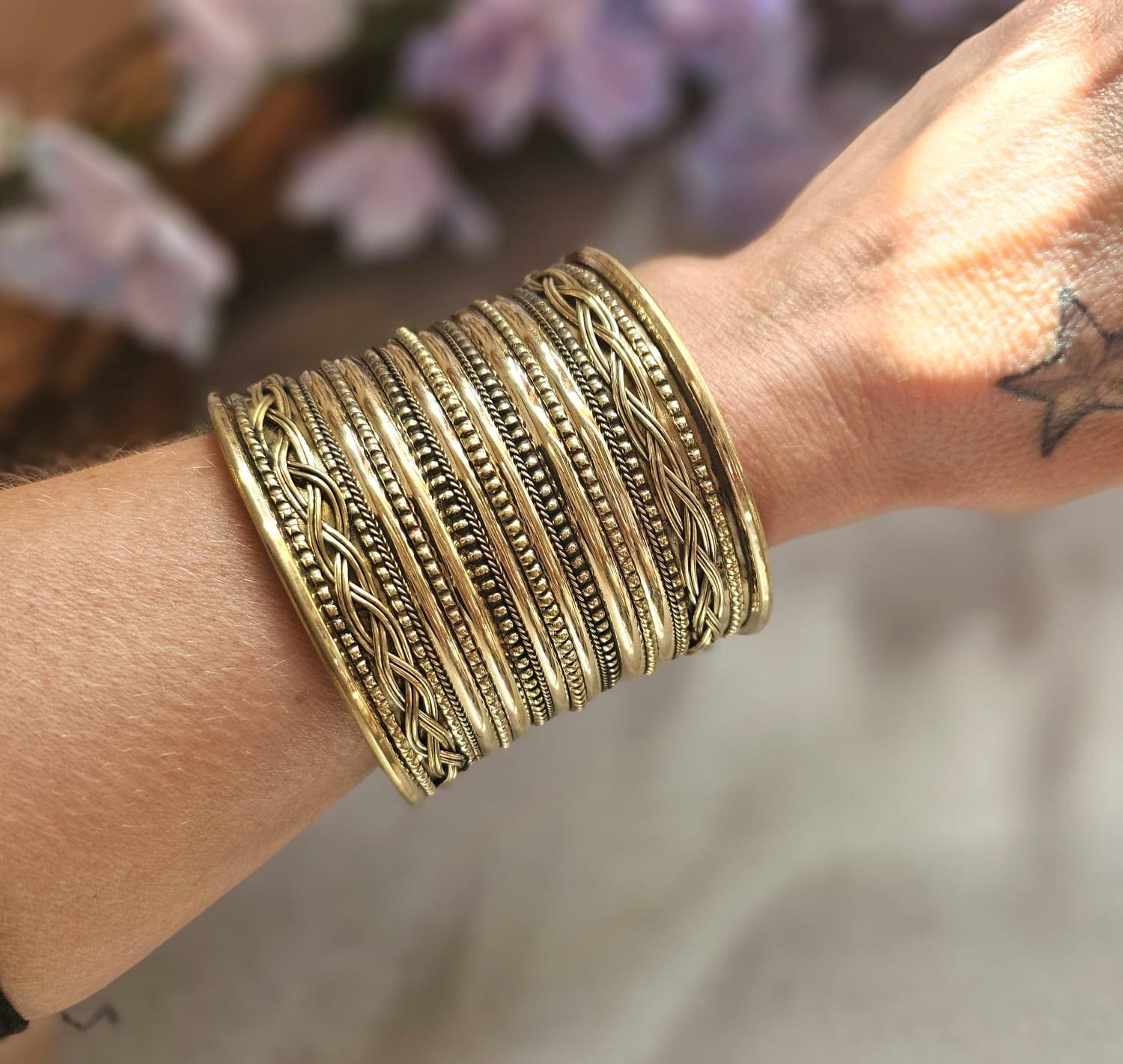 Wide Brass Statement Cuff Bracelet | Tribal Style Open Bangle | Boho Layered Brass Cuff | Bold Festival Jewellery | Adjustable Wrist Cuff