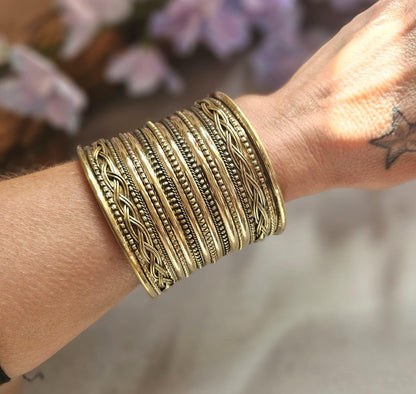 Wide Brass Statement Cuff Bracelet | Tribal Style Open Bangle | Boho Layered Brass Cuff | Bold Festival Jewellery | Adjustable Wrist Cuff