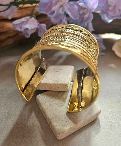 Wide Brass Statement Cuff Bracelet | Tribal Style Open Bangle | Boho Layered Brass Cuff | Bold Festival Jewellery | Adjustable Wrist Cuff