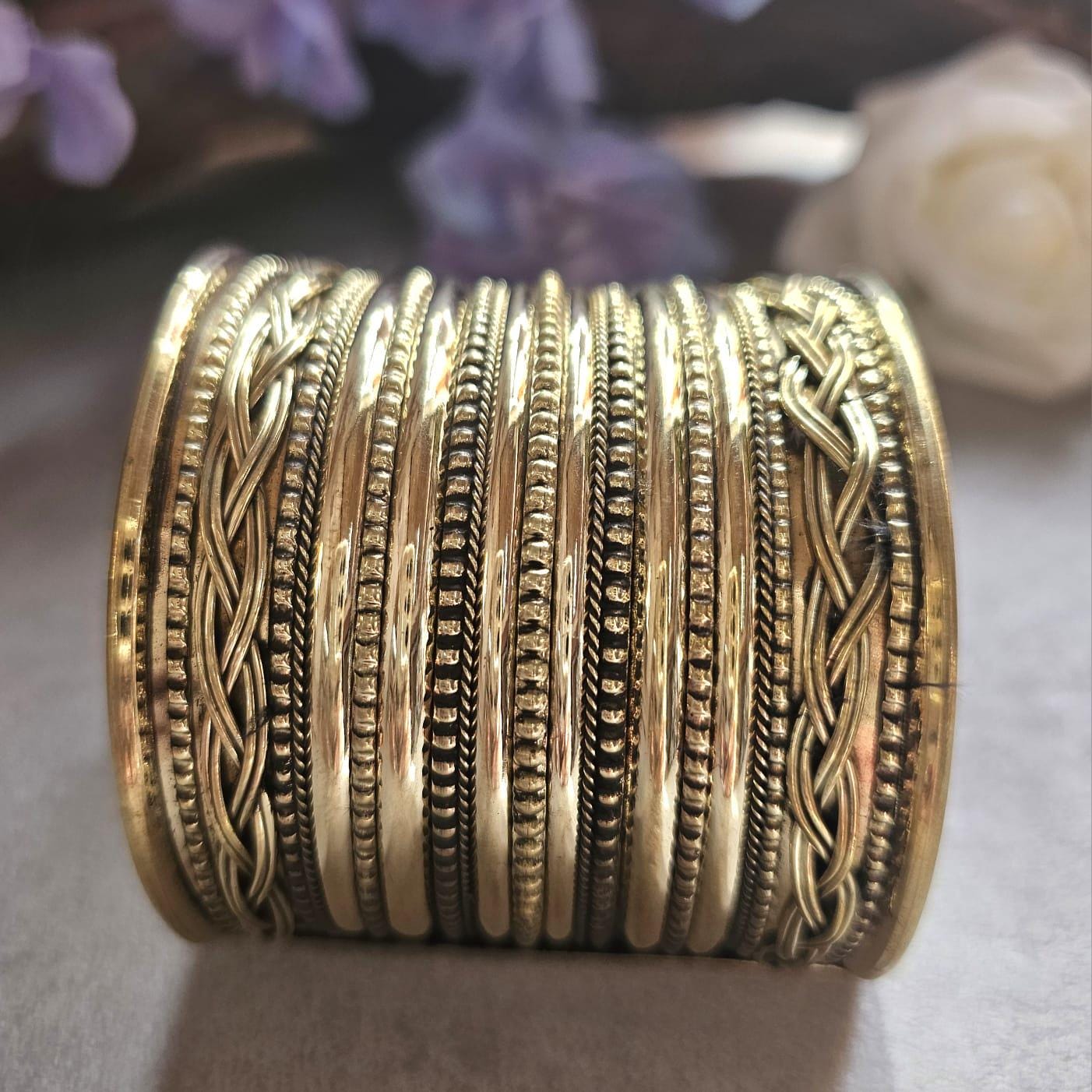 Wide Brass Statement Cuff Bracelet | Tribal Style Open Bangle | Boho Layered Brass Cuff | Bold Festival Jewellery | Adjustable Wrist Cuff
