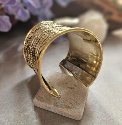 Wide Brass Statement Cuff Bracelet | Tribal Style Open Bangle | Boho Layered Brass Cuff | Bold Festival Jewellery | Adjustable Wrist Cuff