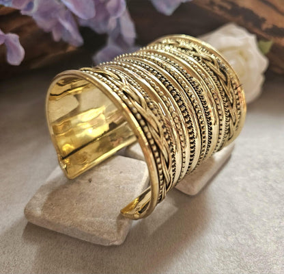 Wide Brass Statement Cuff Bracelet | Tribal Style Open Bangle | Boho Layered Brass Cuff | Bold Festival Jewellery | Adjustable Wrist Cuff