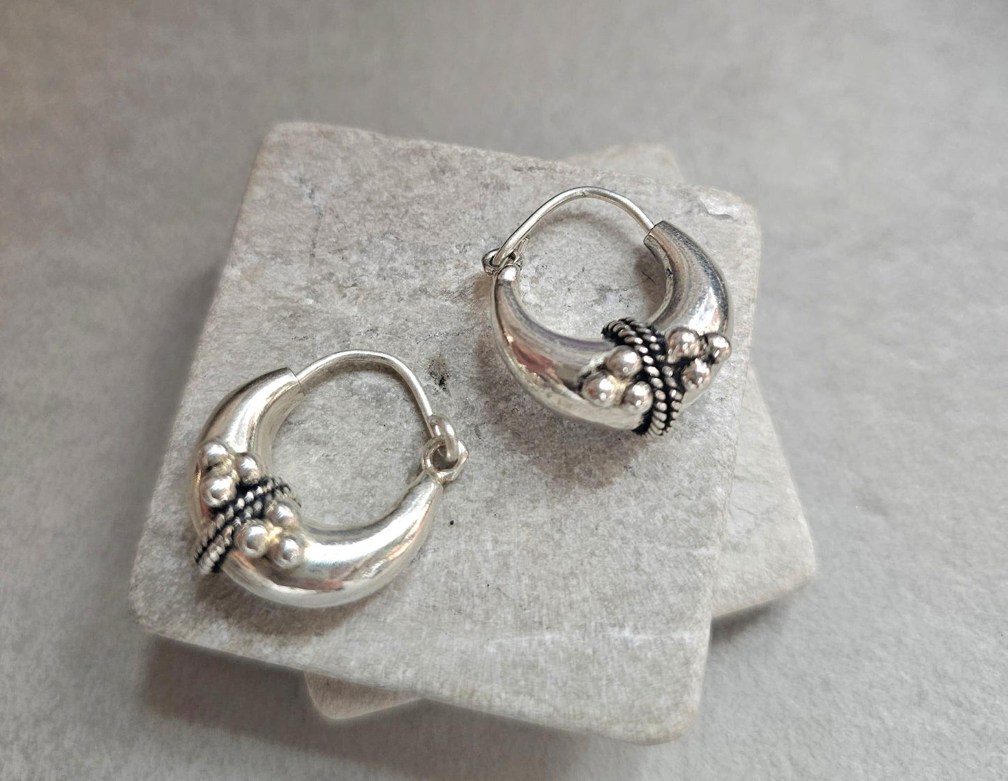 Silver Plated Boho Hoop Earrings | Chunky Bali Style Hoops | Tribal Festival Earrings