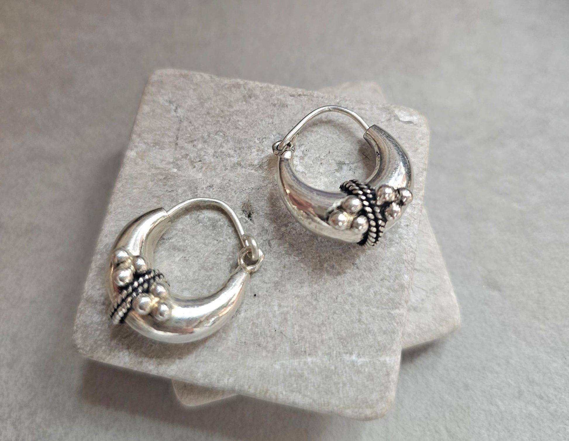 Silver Plated Boho Hoop Earrings | Chunky Bali Style Hoops | Tribal Festival Earrings