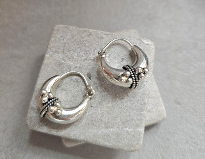 Silver Plated Boho Hoop Earrings | Chunky Bali Style Hoops | Tribal Festival Earrings