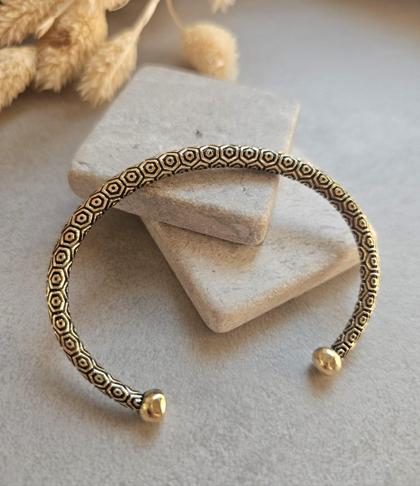 Raw Brass Cuff Bracelet | Bohemian Adjustable Bangle | Engraved Tribal Bracelet