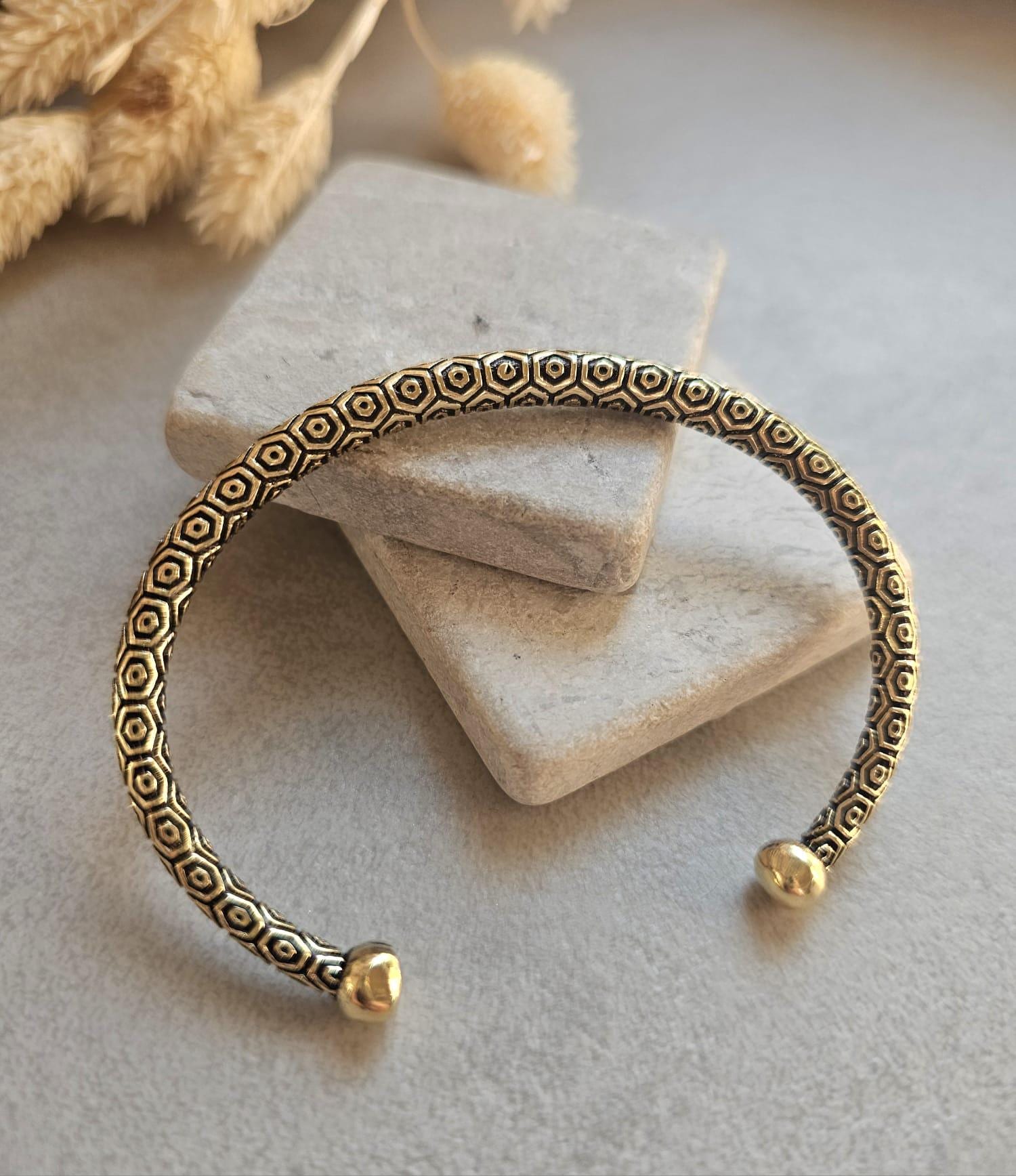 Raw Brass Cuff Bracelet | Bohemian Adjustable Bangle | Engraved Tribal Bracelet