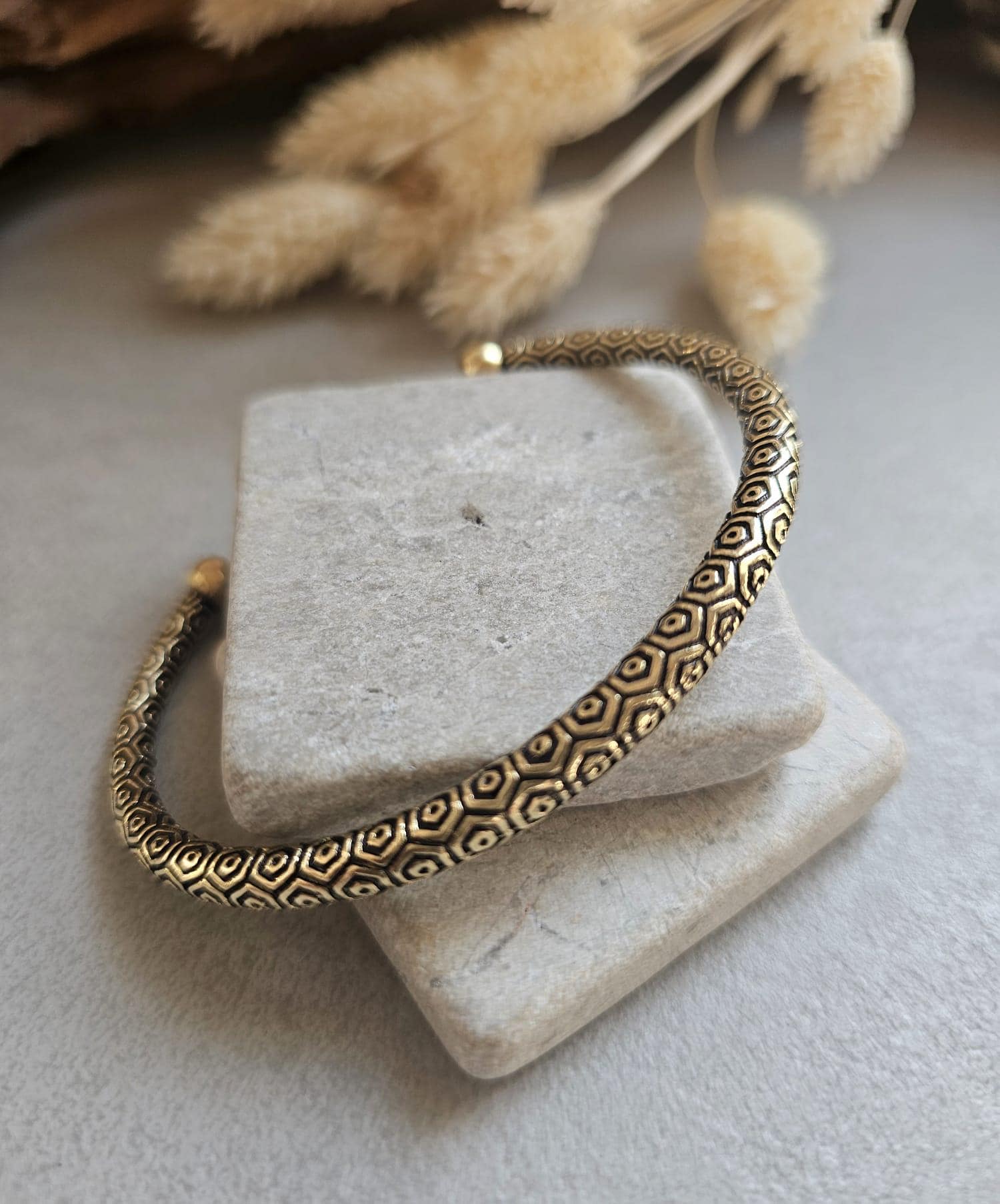 Raw Brass Cuff Bracelet | Bohemian Adjustable Bangle | Engraved Tribal Bracelet