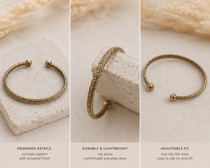Raw Brass Cuff Bracelet | Bohemian Adjustable Bangle | Engraved Tribal Bracelet