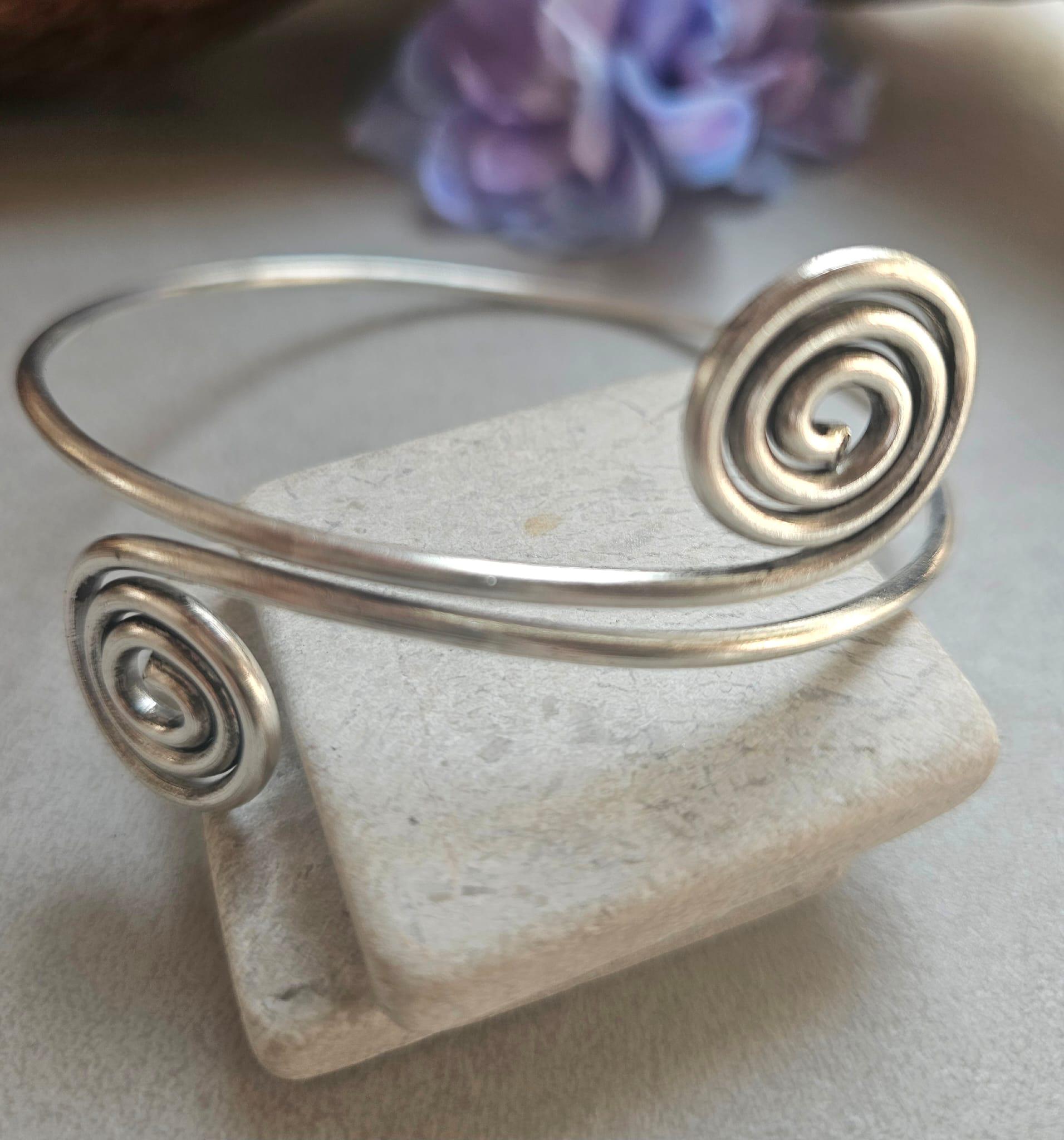 Silver Plated Spiral Arm Cuff Bracelet | Boho Upper Arm Bracelet | Adjustable Armlet | Minimalist Spiral Bangle | Bohemian Jeweller