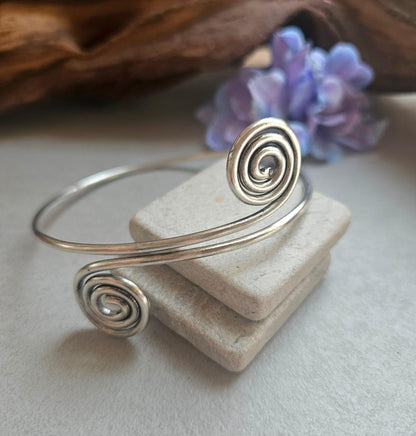 Silver Plated Spiral Arm Cuff Bracelet | Boho Upper Arm Bracelet | Adjustable Armlet | Minimalist Spiral Bangle | Bohemian Jeweller