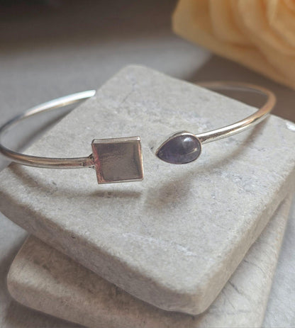 Silver Plated Amethyst Open Cuff Bracelet, Minimalist Adjustable Bangle, Dainty Boho Jewellery, Everyday Silver Bracelet, Gift for Her