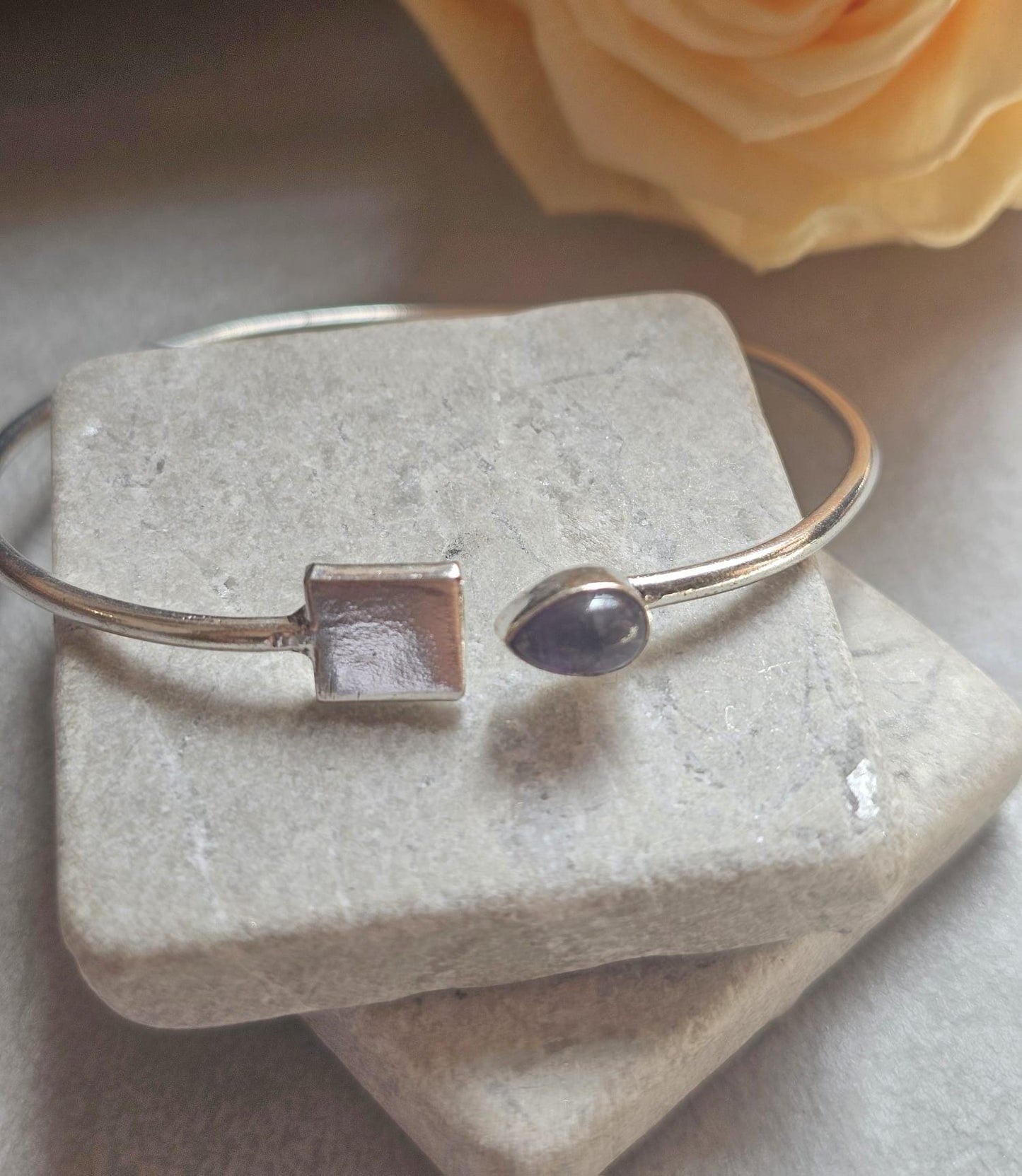 Silver Plated Amethyst Open Cuff Bracelet, Minimalist Adjustable Bangle, Dainty Boho Jewellery, Everyday Silver Bracelet, Gift for Her