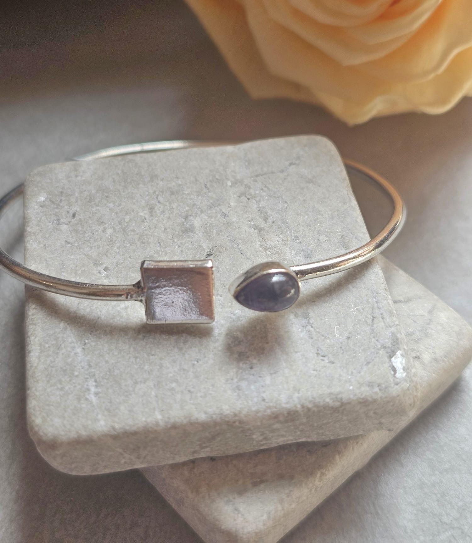 Silver Plated Amethyst Open Cuff Bracelet, Minimalist Adjustable Bangle, Dainty Boho Jewellery, Everyday Silver Bracelet, Gift for Her