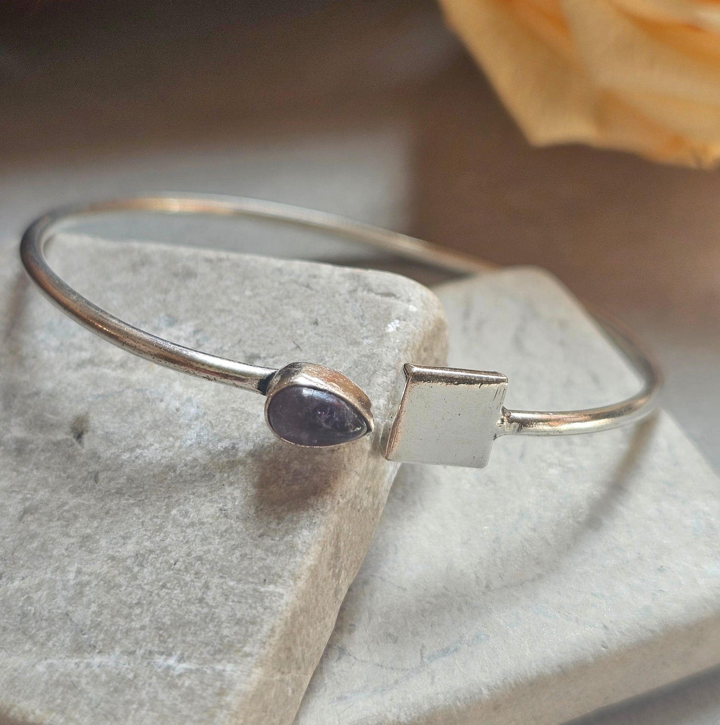 Silver Plated Amethyst Open Cuff Bracelet, Minimalist Adjustable Bangle, Dainty Boho Jewellery, Everyday Silver Bracelet, Gift for Her