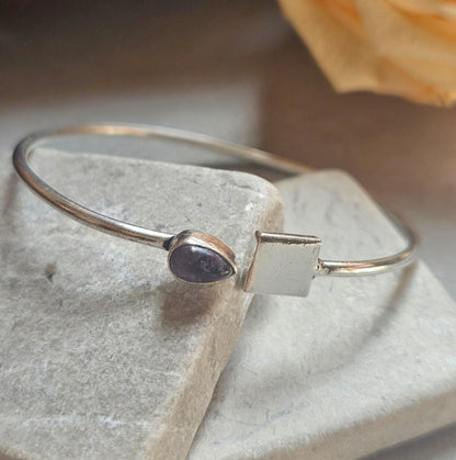 Silver Plated Amethyst Open Cuff Bracelet, Minimalist Adjustable Bangle, Dainty Boho Jewellery, Everyday Silver Bracelet, Gift for Her