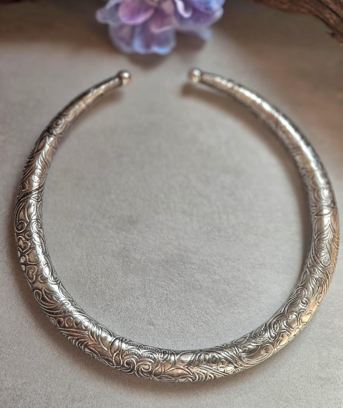 Silver Plated Floral Choker Necklace | Vintage Inspired Engraved Collar Necklace | Boho Statement Jewellery