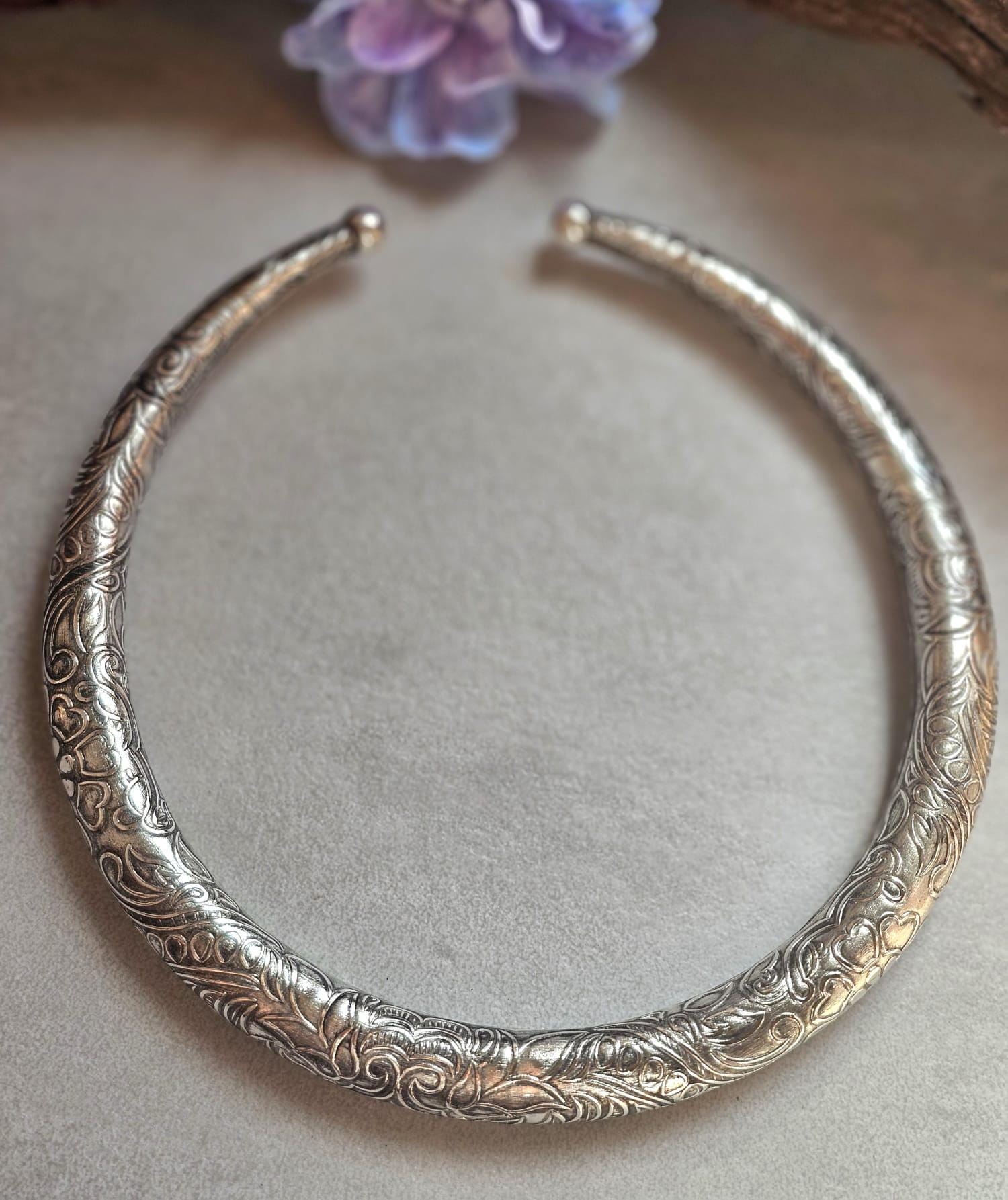 Silver Plated Floral Choker Necklace | Vintage Inspired Engraved Collar Necklace | Boho Statement Jewellery