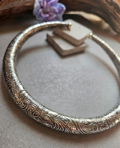Silver Plated Floral Choker Necklace | Vintage Inspired Engraved Collar Necklace | Boho Statement Jewellery