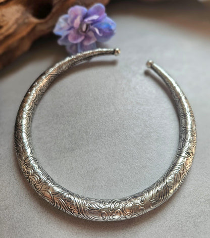Silver Plated Floral Choker Necklace | Vintage Inspired Engraved Collar Necklace | Boho Statement Jewellery