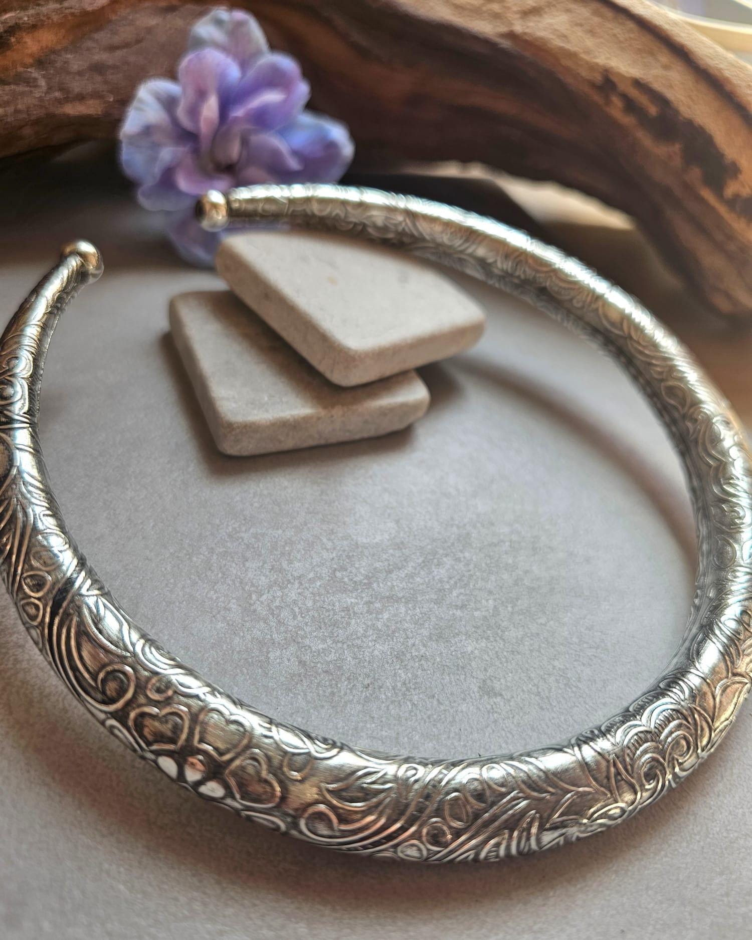 Silver Plated Floral Choker Necklace | Vintage Inspired Engraved Collar Necklace | Boho Statement Jewellery