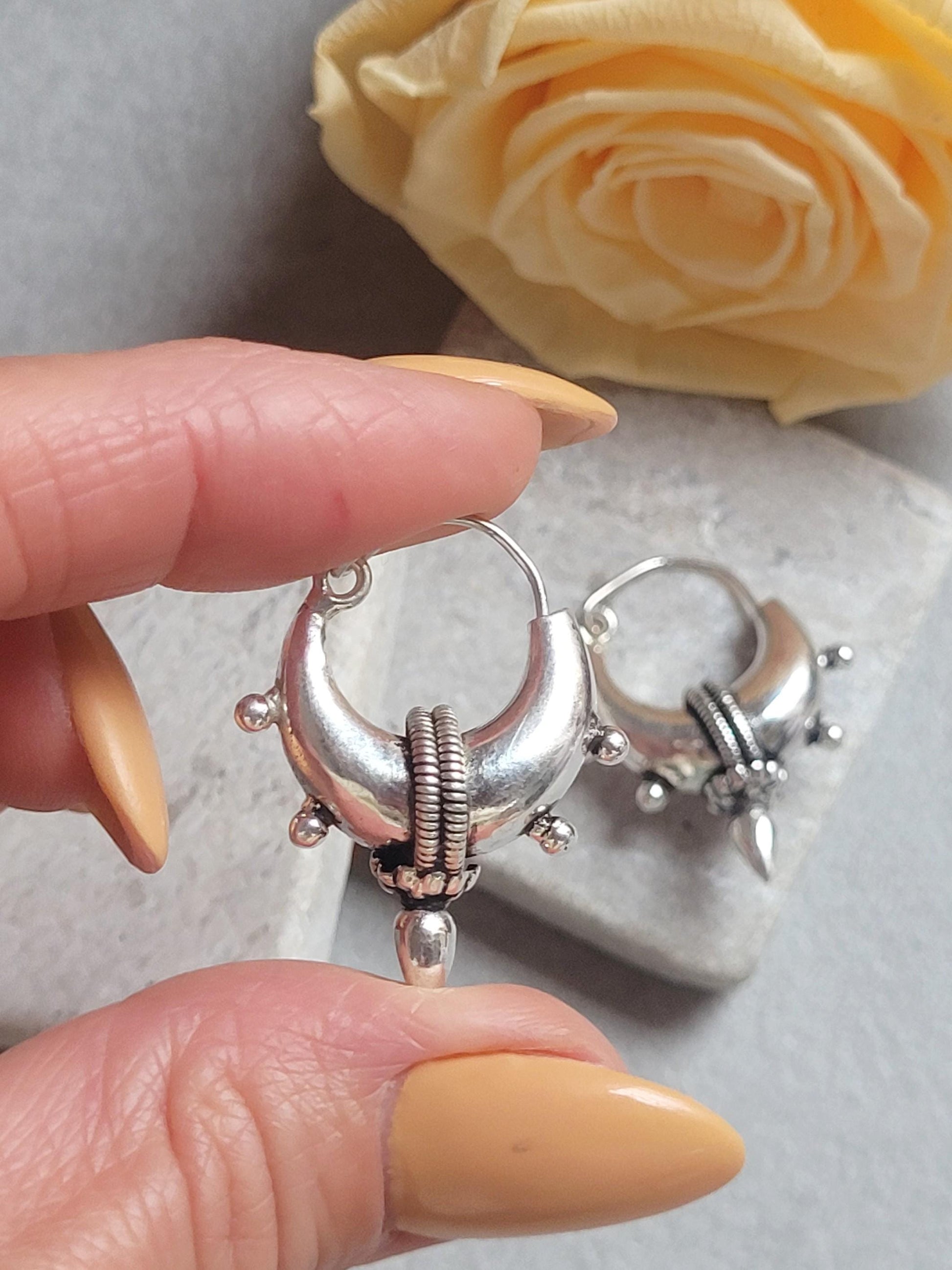 Silver Plated Tribal Hoop Earrings | Unique Statement Hoops | Boho Festival Earrings | 2.5cm Hoops
